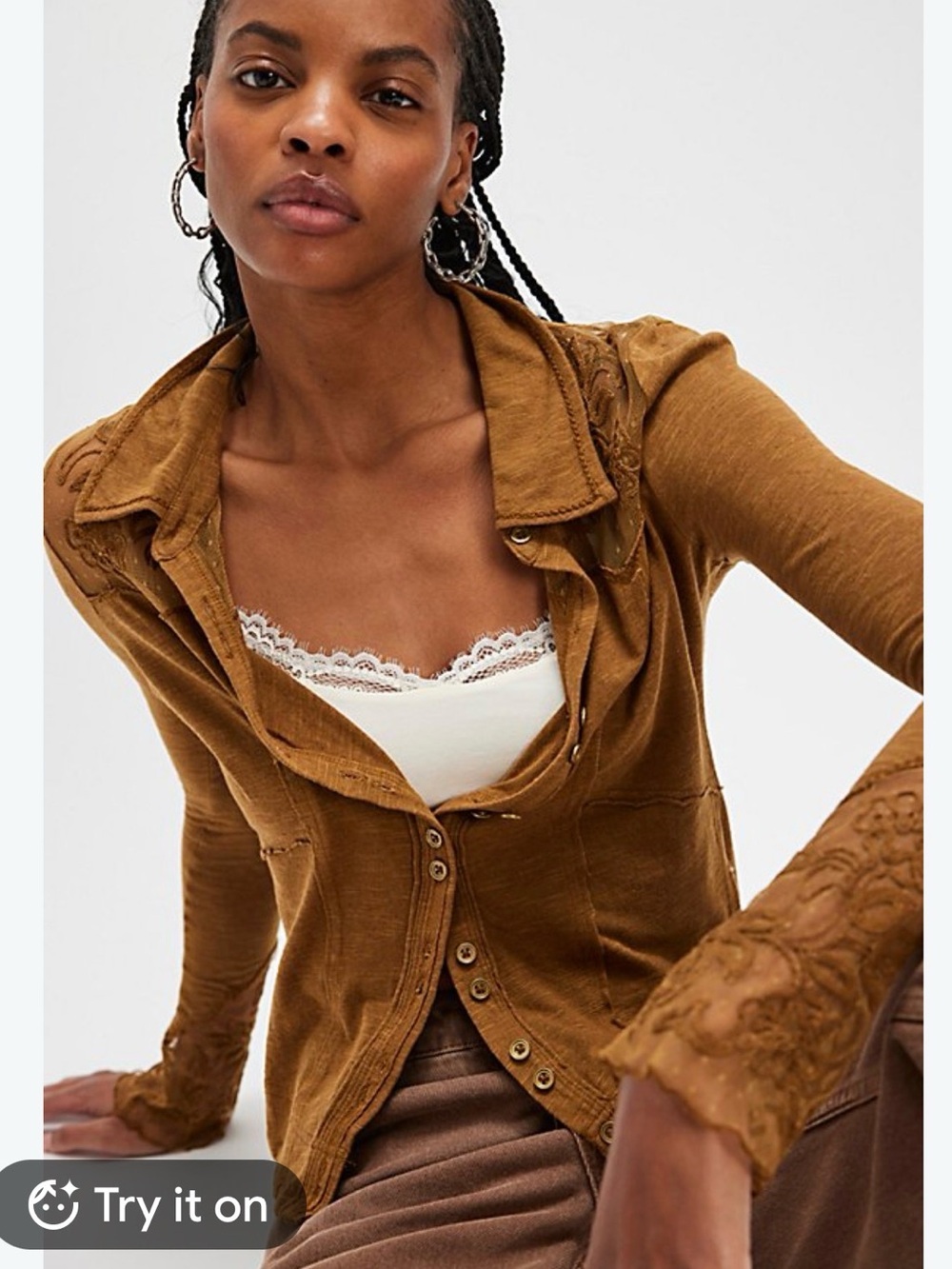 Free People Rosebud Cuff Button Up Top Lace Trim Mustard Brown